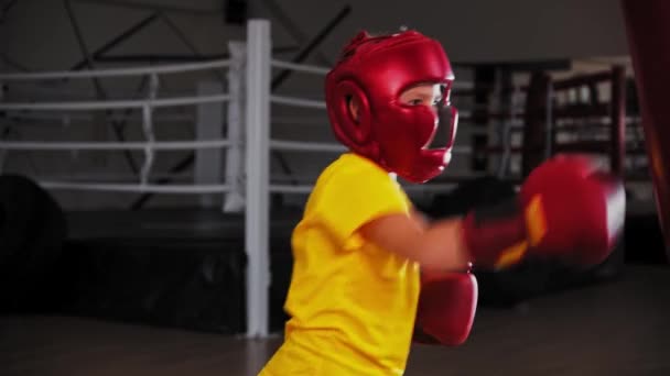 Little boy boxer perfurando um grande saco de perfuração no treinamento - Filmagem, Vídeo