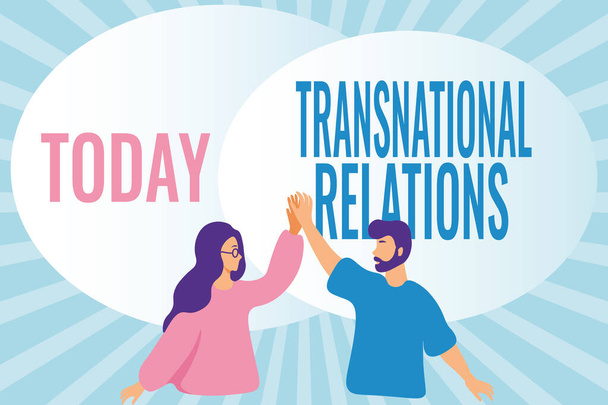 Text sign showing Transnational Relations. Word Written on International Global Politics Relationship Diplomacy Happy Colleagues Illustration Giving High Fives To Each Other. - Photo, Image