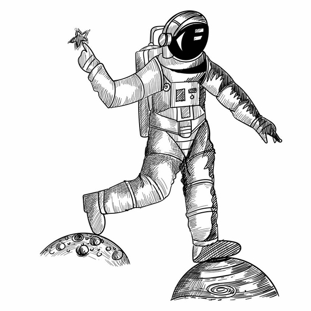 Hand draw astronaut cosmonaut in a space sketch design - Вектор, зображення