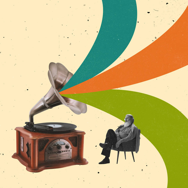 Contemporary collage with elder bearded man in fashion style of 70s, 80s years sitting in armchair and listening gramophone - Φωτογραφία, εικόνα