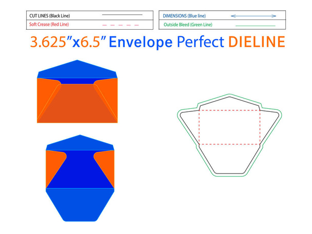 Editável facilmente redimensionável Envelope Regular 3.625x6.5 polegadas modelo de dielina e envelope 3D - Vetor, Imagem