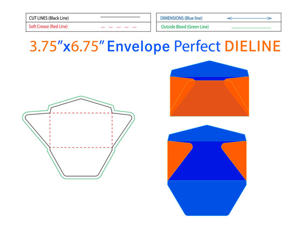 Rendszeres boríték design 3.75x6.75 inch dieline template és 3D envelope editable easily resizable - Vektor, kép
