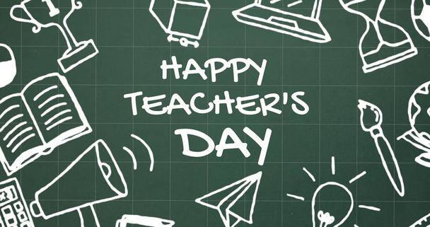 Image vectorielle du texte de la journée de l'enseignant heureux avec diverses icônes sur fond vert. Journée des enseignants, éducation et concept scolaire. - Photo, image