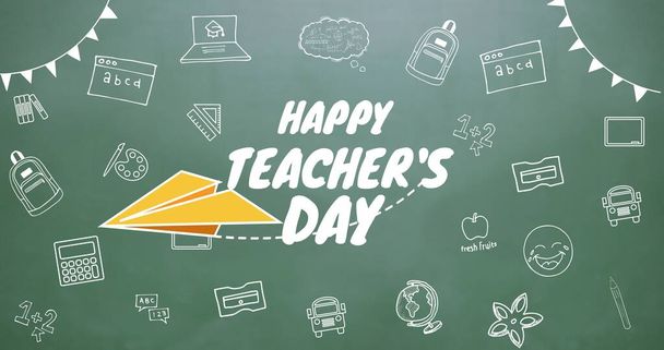 Vector image of happy teacher's day text with school supplies icons on greenboard. teacher's day, education, vector and school concept. - Фото, зображення