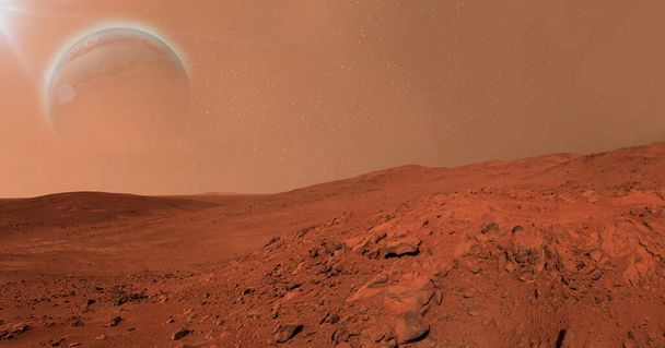 Krajina na planetě Mars, malebná pouštní scéna na červené planetě.3D ilustrace.Červená planeta. Marťanský povrch prachu atmosféra.Země-jako planeta.Earth-type planet.Elements tohoto snímku poskytla NASA - Fotografie, Obrázek