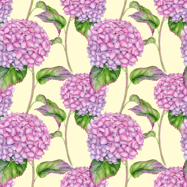 Υδατογραφία Hydrangea αδιάλειπτη μοτίβο. Χέρι ζωγραφισμένο ροζ Hortensia λουλούδι με φύλλα και στέλεχος σε παστέλ κίτρινο φόντο. Ανθοφόρο φυτό επαναλαμβανόμενο σχεδιασμό για ταπετσαρία, ημέρα του Αγίου Βαλεντίνου, υφάσματα. - Φωτογραφία, εικόνα