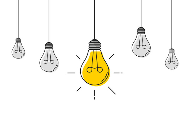 Hanging light bulbs with one glowing. Electric extinct lightbulbs set and one glowing. Concept of idea and choosing successful idea from many failed ones. Flat style. Vector illustration. - Vector, Image