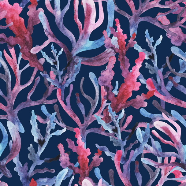 Naadloos patroon met violet blua en roze koralen algen abstract voor textiel. Creatief ontwerp. Handgetekende aquarel - Foto, afbeelding