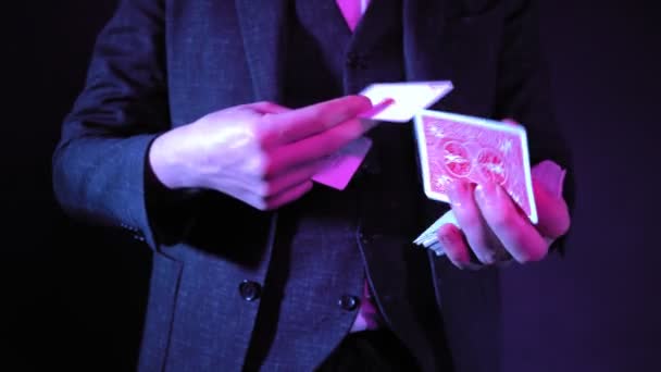 Hands Magician Performing Tricks with Deck Cards. Conjurer Shows Focus - Footage, Video
