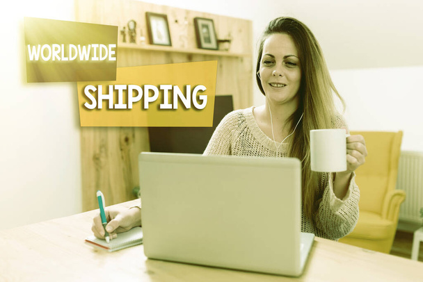 Text showing inspiration Worldwide Shipping. Conceptual photo Sea Freight Delivery of Goods International Shipment Social Media Influencer Creating Online Presence, Video Blog Ideas - Photo, Image