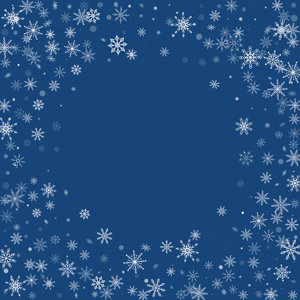 Christmas background. White delicate openwork snowflakes fly on a blue background. New year festive design - Vetor, Imagem