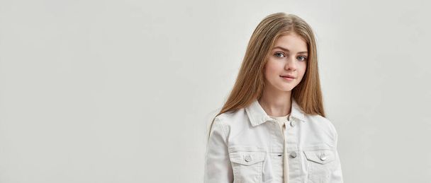 Portrait of beautiful teen girl child on white background - Foto, imagen