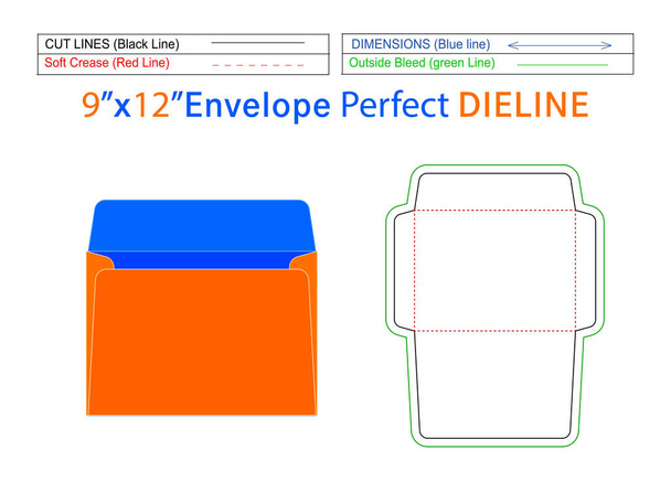 Bewerkbare gemakkelijk aanpasbare 9x12 inch boekje envelop dieline template en 3D envelop  - Vector, afbeelding
