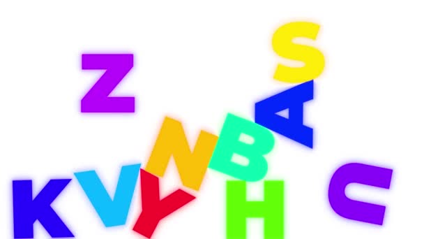 lettere alfabeto multicolore incandescente che cadono dall'alto e riempiono l'intero schermo bianco. - Filmati, video