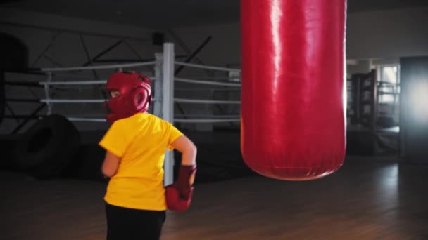 Kleine jongen bokser schoppen de bokszak met zijn benen - Video