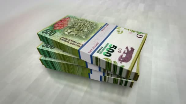 Argentína Peso pénzhalom. A gazdaság, a bankok, az üzleti élet, a válság, a recesszió, az adósság és a finanszírozás fogalmának meghatározása. 500 ARS bankjegy halmaz 3D animáció. - Felvétel, videó