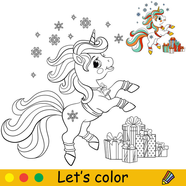 Colorear lindo feliz Navidad unicornio vector ilustración - Vector, Imagen