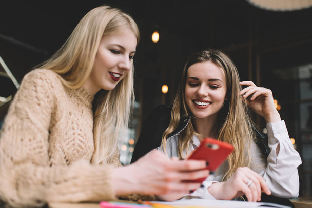 Low angle of joyful young female students in casual wear sitting at table in cafe together and surfing internet on mobile phone - Foto, afbeelding