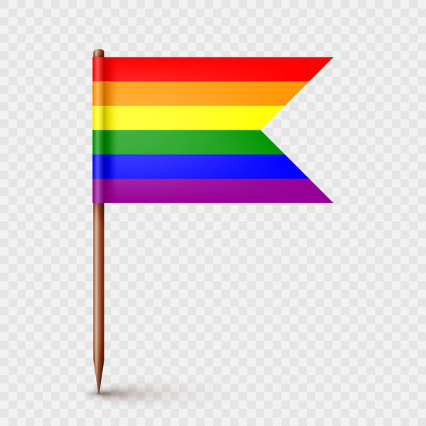 Ρεαλιστική ξύλινη οδοντογλυφίδα με ουράνιο τόξο ΛΟΑΤΚΙ χάρτινη σημαία. Κενό μακιγιάζ για διαφημίσεις και προαγωγές. Μήνα υπερηφάνειας. Εικονογράφηση διανύσματος - Διάνυσμα, εικόνα