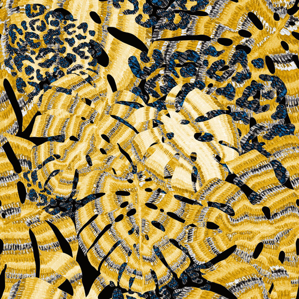 Moderno patrón abstracto sin costuras con hojas tropicales coloridas creativas y manchas de leopardo. Fondo retro brillante verano. Ilustración del follaje de la selva. Diseño botánico de trajes de baño. Vintage impresión exótica. - Foto, Imagen