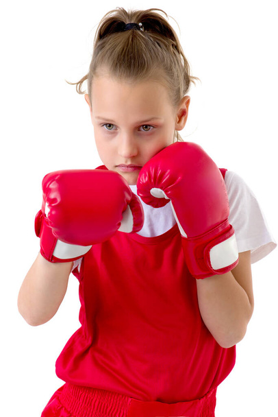 Sports boxer teenage girl, isolated on white background - Foto, afbeelding