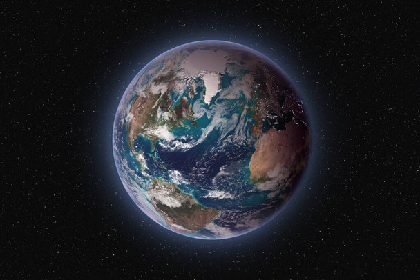 Karanlık yıldızlı arka plan, görünür Amerika, Afrika, Avrupa ve Grönland gezegenine karşı NASA tarafından desteklenen bu görüntünün elementleri. - Fotoğraf, Görsel