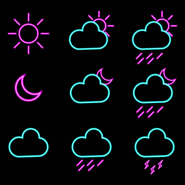Prognoza pogody neonowe lekkie ikony ustawione. Ilustracja wektora - Wektor, obraz