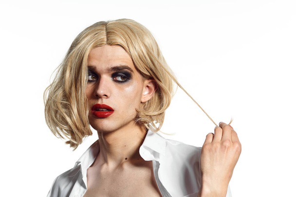 man in womens dress wig makeup posing bisexual - Foto, immagini