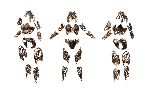 Representación 3D, ilustración 3D, armadura elástica ornamental femenina sobre un fondo blanco aislado - Foto, Imagen