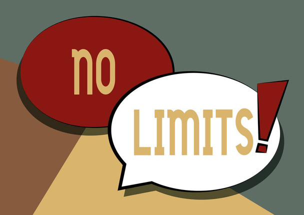 Handwriting text No Limits. Business idea to do whatever you could with out restrictions and holding back Two Colorful Overlapping Speech Bubble Drawing With Exclamation Mark. - Photo, Image