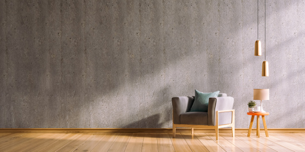 Loft stijl huis met fauteuil en accessoires in de kamer, betonnen muur.3d rendering - Foto, afbeelding