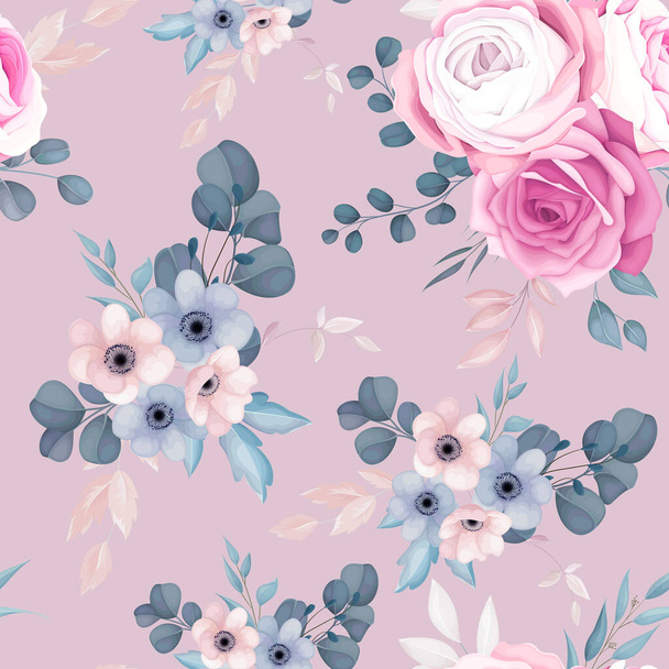 ロマンチックなピンクとネイビーの花のシームレスなパターン - ベクター画像