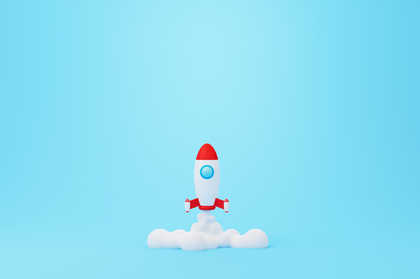 Creative thinking ideas and innovation concept. Rocket flying on blue background. 3d render illustration - Photo, Image