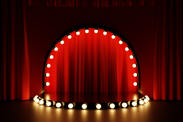 3D ilustrace scény z kruhu s červenými divadelními závěsy zezadu na černém pozadí. Koncept divadelního jeviště - Fotografie, Obrázek