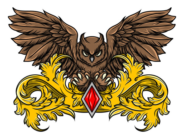 Сова с крыльями татуировка в винтажном стиле барокко иллюстрации - Вектор,изображение