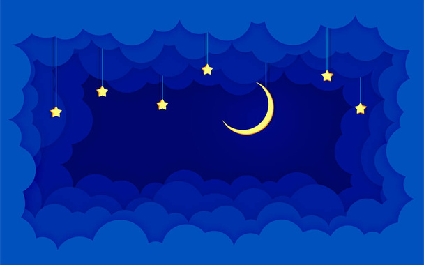 Cloud paper cut night darkness blue sky flat style - Vetor, Imagem