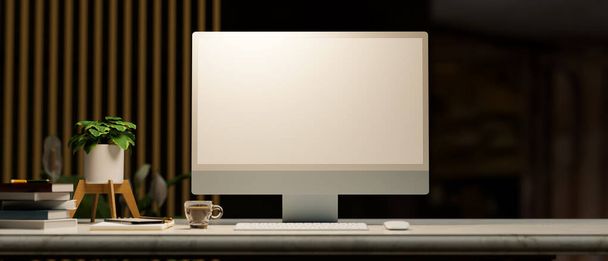 Arka plandaki karanlık oturma odasının üzerinde çalışan modern beyaz ekran bilgisayar modeli. Gece geç vakit, akşam. 3d görüntüleme, 3d illüstrasyon - Fotoğraf, Görsel