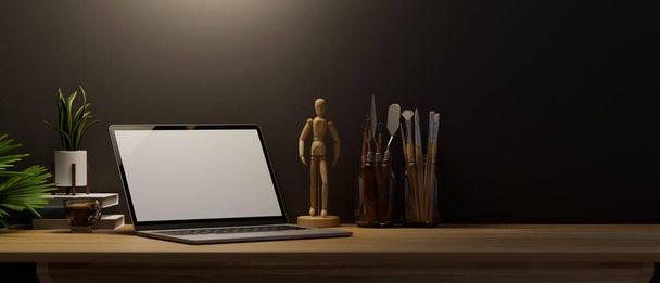 Moderno spazio di lavoro scuro con computer portatile, accessori e spazio copia su tavolo in legno su carta da parati nera. rendering 3d, illustrazione 3d - Foto, immagini