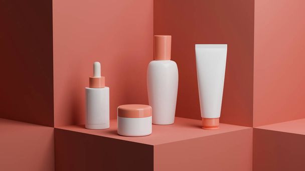 Set van een minimale beauty product verpakking op roze vierkante sokkel. huidverzorgingsfles, pot, druppelaar en tube mockup. 3d weergave, 3d illustratie - Foto, afbeelding