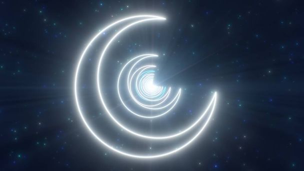 Mondsichel Neonlichter Tunnel am Nachthimmel Abstrakte Leuchtpartikel - Abstrakte Hintergrundtextur - Foto, Bild