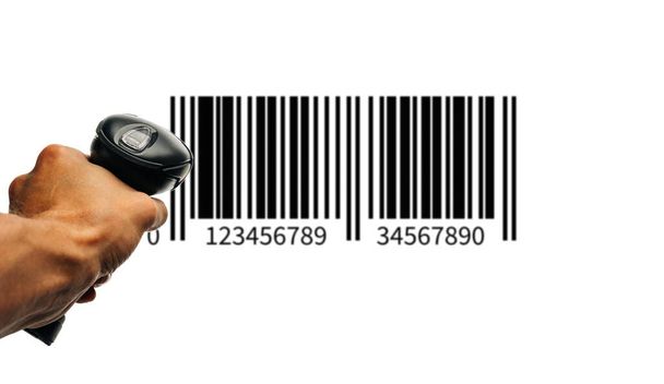 Bar code. Retail label barcode scan. Reader laser scanner for warehouse holding hand. Product code data concept - Foto, Bild