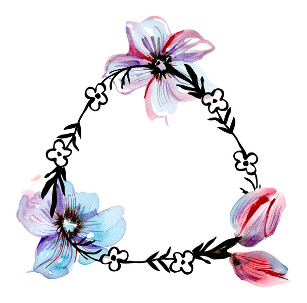 Marco floral redondo. Acuarela y tinta pintadas a mano ilustración - Foto, Imagen