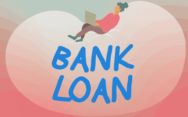 Conceptual display Bank Loan. Word Written on an amount of money loaned at interest by a bank to a borrower Lady Drawing Sitting Back On A Large Bean Bag Using Laptop. - Photo, Image