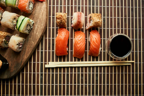 sushi set soy sauce chopsticks japanese cuisine traditional food - Photo, image