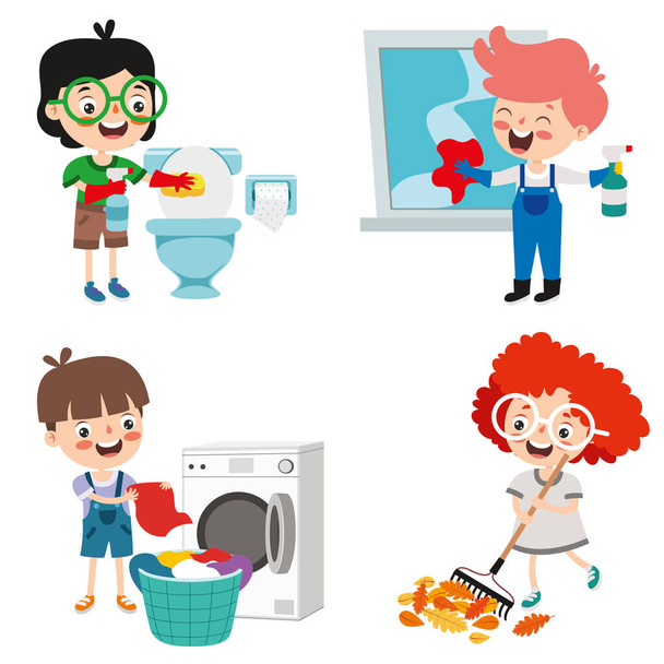 Набор детей, занимающихся различными домашними работами - Вектор,изображение