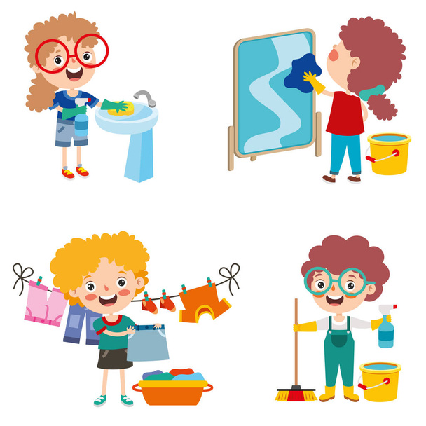 Conjunto de niños haciendo varias tareas domésticas - Vector, Imagen