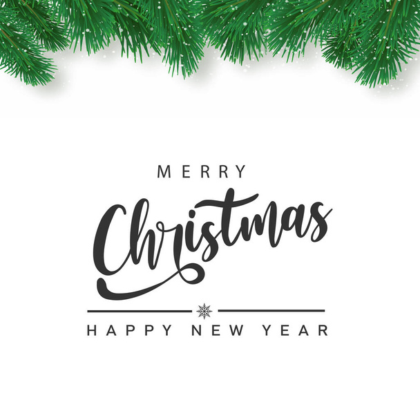 Christmas and Happy New Year tree branches border with handwriting lettering. Vector. - Vector, Image