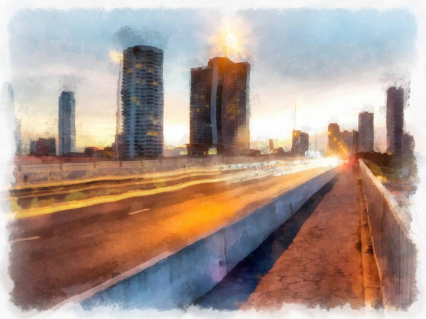 Cityscape με ψηλά κτίρια και δρόμους στην εποχή του Λυκόφωτος. εικονογράφηση στυλ ακουαρέλα ιμπρεσιονιστική ζωγραφική. - Φωτογραφία, εικόνα