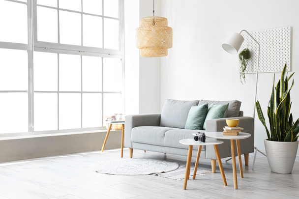 Interno di soggiorno luminoso con divano e tavoli grigi - Foto, immagini