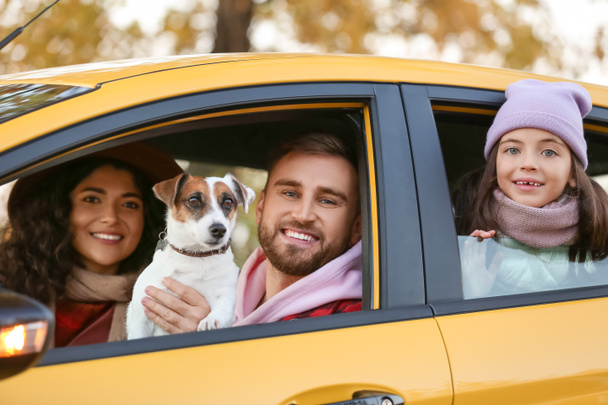 Parents with little daughter and cute dog sitting in yellow car - Фото, зображення